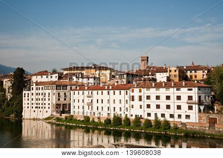 view of the romantic village Basano del Grappa over the river Brenta