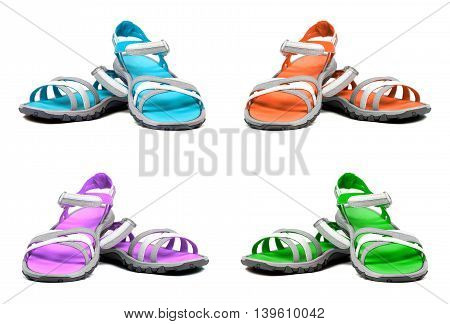 Set of multicolor summer sandals. Isolated on white background.