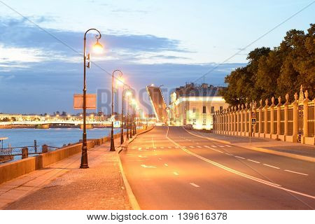Palace Embankment of Neva River in St.Petersburg at night Russia.