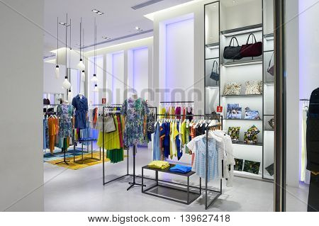 MACAO, CHINA - FEBRUARY 16, 2016: inside of Shoppes at Sands Cotai Centra. Shoppes at Sands Cotai Central is a large shopping mall in Macao