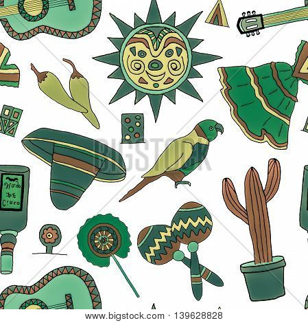 Seamless pattern with hand drawn mexican elements. Perfect background for your design. Travel to Mexico texture.