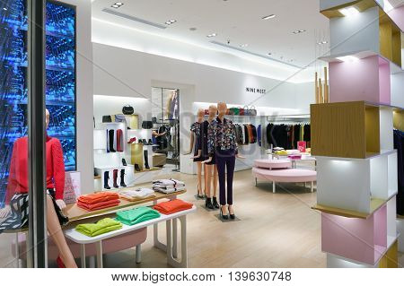 MACAO, CHINA - FEBRUARY 16, 2016: inside of Shoppes at Sands Cotai Centra. Shoppes at Sands Cotai Central is a large shopping mall in Macao