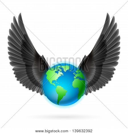 Terrestrial globe with two raised black wings on white background.