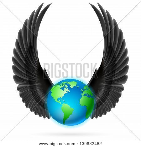 Terrestrial globe with two black wings up on white background.