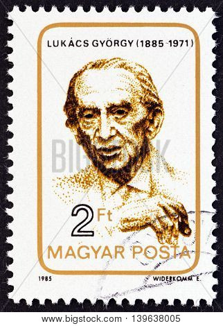 HUNGARY - CIRCA 1985: A stamp printed in Hungary issued for the birth centenary of Gyorgy Lukacs shows philosopher Gyorgy Lukacs, circa 1985.
