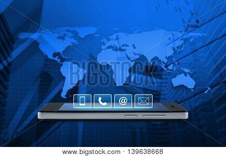 Telephone mobile phone at and email buttons on modern smart phone screen over map and city tower background Customer support concept Elements of this image furnished by NASA
