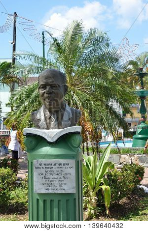 CASTRIES ST LUCIA CARIBBEAN 19 January 2015: Bust of Arthur Lewis winner of nobel prize for literature