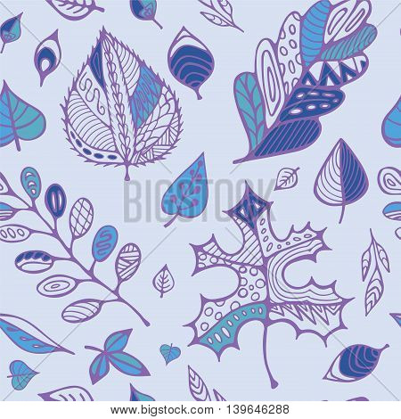 stock vector hand drawing set of leaf.seamless doodle pattern