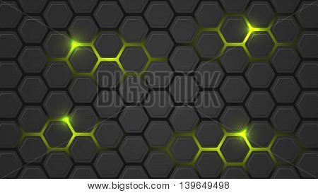 Dark vector illustration with a hexagonal pattern and green backlight. Design for your pc desktop or other uses.