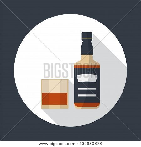 Whiskey bottle and glass of whiskey round flat icon with long shadows. Serving alcohol. Simple flat vector.