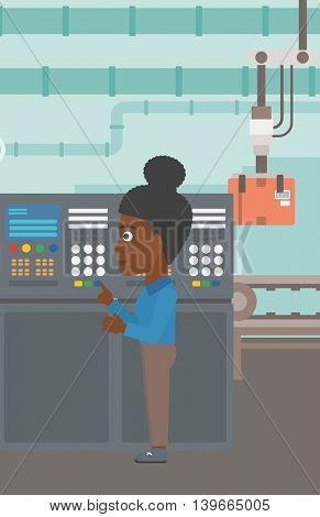An african-american woman working on control panel. Woman pressing button at control panel in plant. Engineer standing in front of the control panel. Vector flat design illustration. Vertical layout.