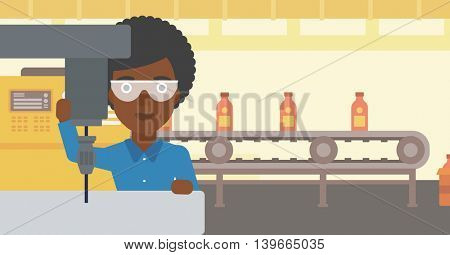 African-american woman working on milling machine at workshop. Woman using milling machine at factory. Woman making a hole using a milling machine. Vector flat design illustration. Horizontal layout.