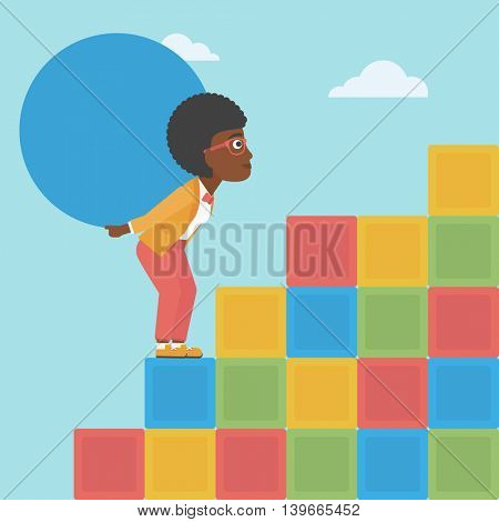 An african-american woman rising up on the colored cubes and carrying a big stone on her back. Woman with huge concrete ball going up. Vector flat design illustration. Square layout.