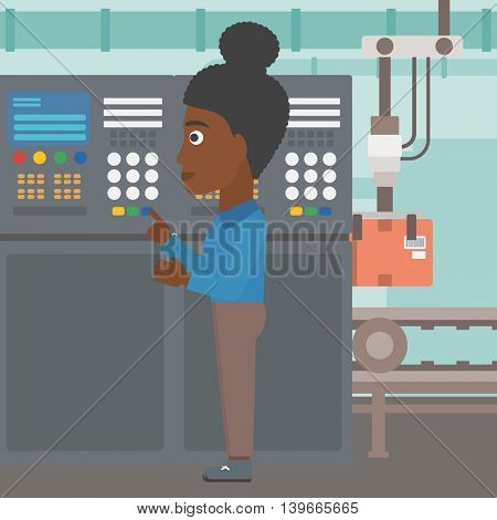 An african-american woman working on control panel. Woman pressing button at control panel in plant. Engineer standing in front of the control panel. Vector flat design illustration. Square layout.