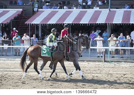SARATOGA SPRINGS, NY - July 22: Made Me Shiver in the Post Parade for the 98th runniing of the Schulerville Stakes for 2 year old Fillys on July 22 in Saratoga Springs, NY.