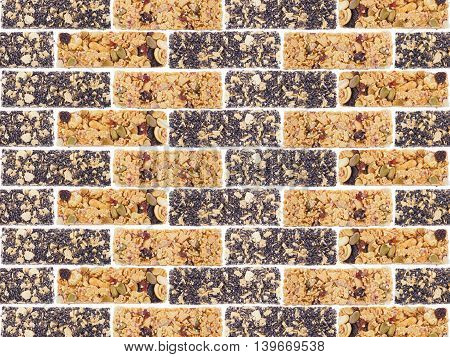 Healthy granola. Fruit and nut munchies bars isolated on white background