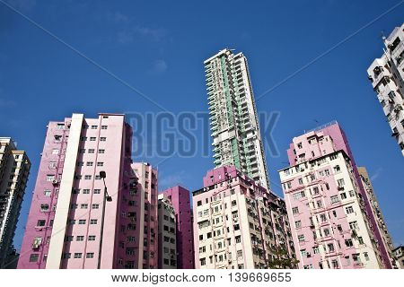 Facade Of Houses Downtown Kowloon With Appartments And Air Condition