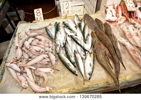 Whole Fresh Fishes Are Offered In The Fish Market In Asia