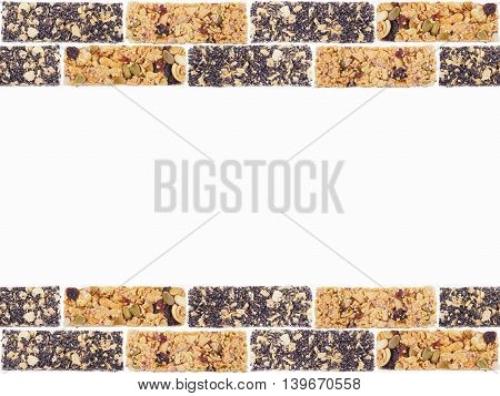 Healthy granola. Fruit and nut munchies bars isolated on white background