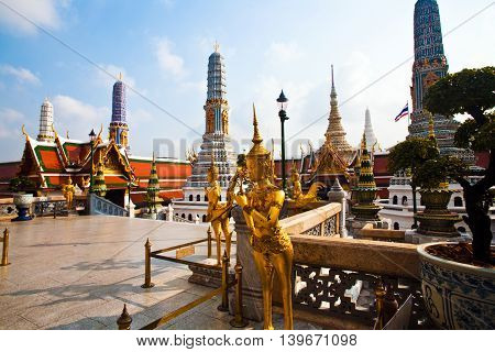 Famous Temple Phra Sri Ratana Chedi Covered With Foil Gold In The Inner Grand Palace