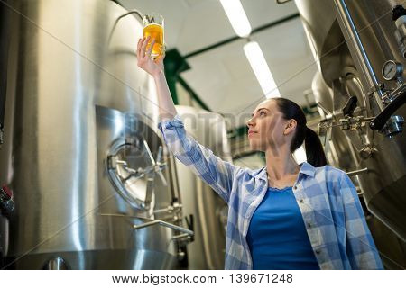 Attentive female brewer testing beer at brewery