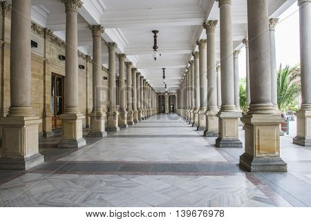 Mill colonnade (Mlynska kolonada) in Karlovy Vary spa houses various hot springs, Czech Republic