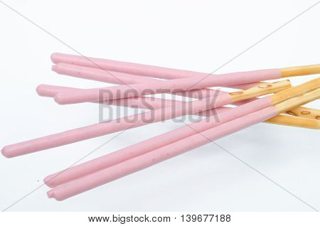 Japanese snack food biscuit stick strawburry  coated on white background
