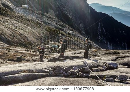 Ranau,Sabah,Malaysia-March 13,2016:Group of adventurer climbers move down to Laban Rata after successfully completed conquering the mountain Kinabalu.