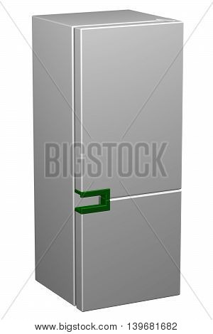 White refrigerator with green handle isolated on white background. 3D rendering.