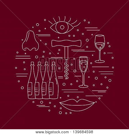 Winery icons arranged in circle composition isolated on red background. Winemaking wine tasting template for banner flyer t shirt book cover. Winery symbols in line style. Vector illustration.