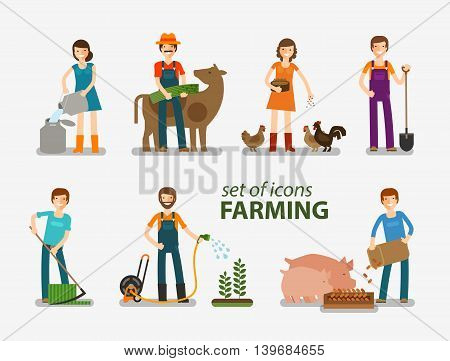 Farming, cattle breeding set of icons. People at work on the farm. Vector illustration