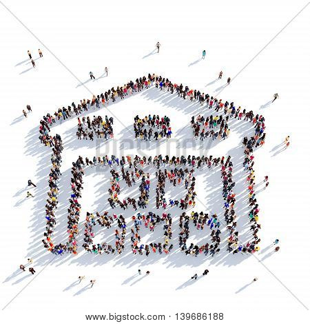 Large and creative group of people gathered together in the shape of warehouse premises, service. 3D illustration, isolated against a white background. 3D-rendering.