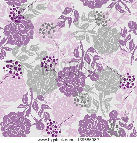 Beautiful seamless pattern with colored silhouettes of flowers and berries. Vector illustration.