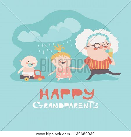 Happy grandmother with their grandchildren. Vector illustration