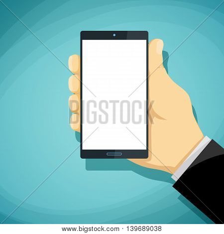 Man holds in his hand smartphone with a white screen. Stock Vector cartoon illustration.