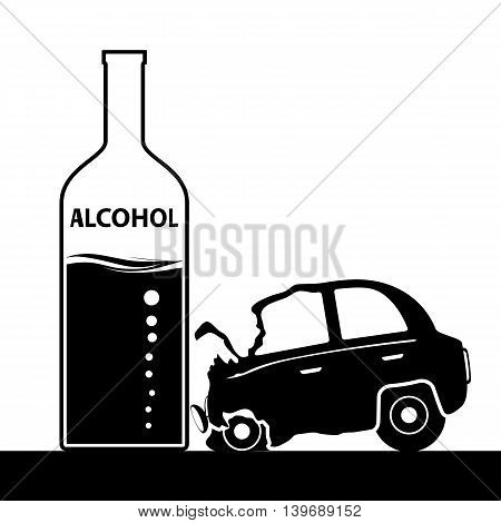 Bottle with alcohol a car accident. Drunkenness and driving. Stock vector illustration.