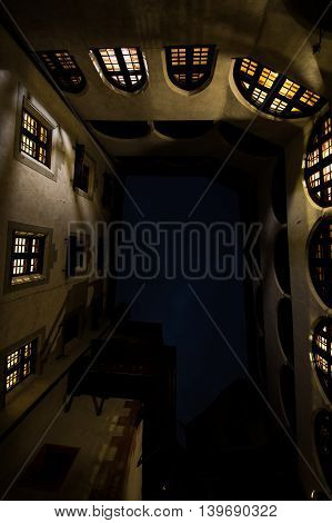 Looking Up from the Ground in Medieval Castle Matzen Courtyard with Surrounding Walls