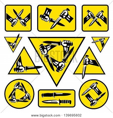 Set hands with knives. Retro styled vector icons.