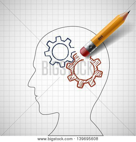 Pencil erases gears in human head. Stock vector illustration.