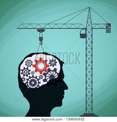 Construction crane with a gear and a human head. Stock vector illustration.