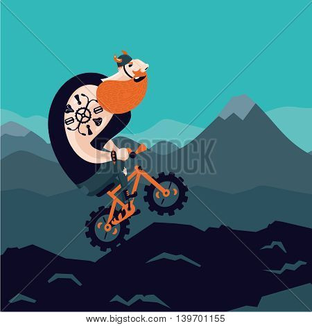 man rides a mountain bike. Funny cartoon illustration