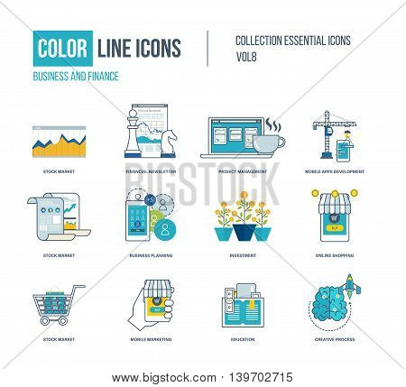 Color thin Line icons set. Stock market, financial newsletter, project management, mobile apps development, education, financial strategy, investment, mobile marketing. Colorful logo and pictograms