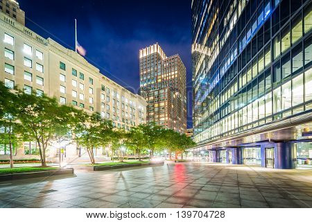 Modern Buildings At Night At Copley, In Back Bay, Boston, Massachusetts.