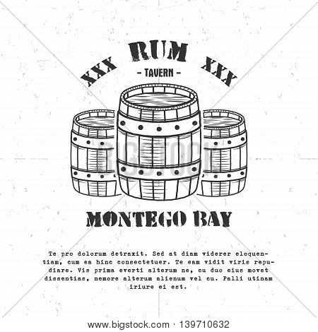 Vintage handcrafted poster template with old barrels and vector sign - rum, montego bay. Sketching filled style. Retro design for banner, flyer. Isolated on white background. Vector illustration