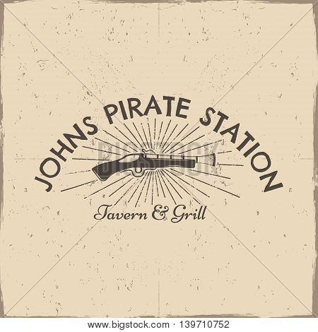Vintage pistol label, pirate poster. Old ammunition with grunge effects and sun bursts. Retro hand made style isolated on a scratched paper background. For tee design, t-shirt, web projects