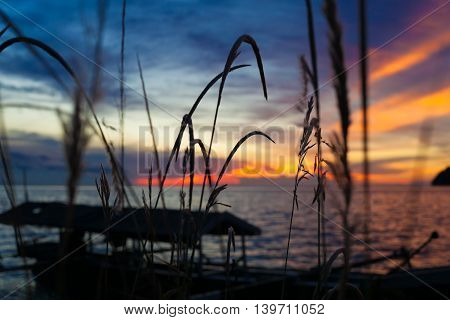 Photo of tropical sky at sunset.Seascape. Sun in the clouds over sea. Beach of caribbean ocean. Horizontal picture