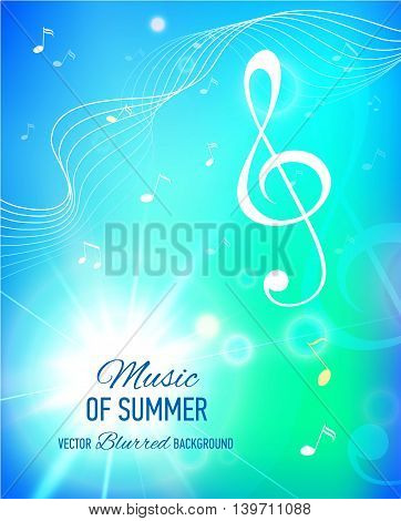 Vector bkue background with music notes and key. Flare. Banner. Designed text.