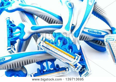SWINDON UK - JULY 11 2016: 8 Gillette Sensor 3 Disposable Razors on a white background