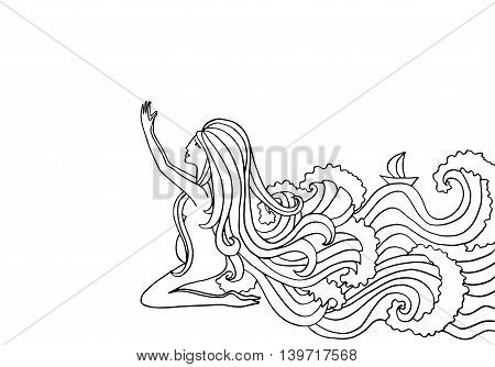 Black and white doodle illustration. Pregnant woman praying. Girl with water instead of hair.