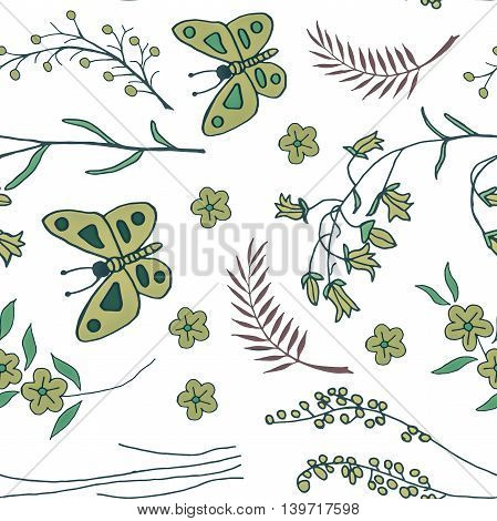 seamless pattern with doodles of flowers and butterflies. Floral background with hand drawn elements. Ornamental decorative illustration for print and web.
